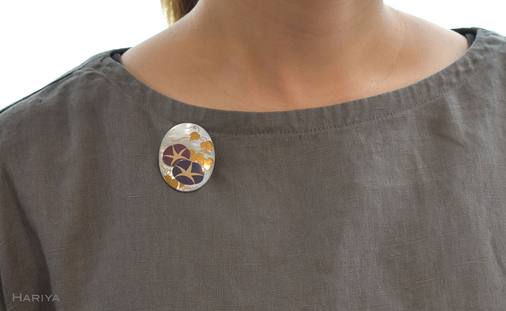 朝顔蒔絵 白蝶貝ブローチ F6P-1138