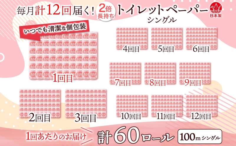 定期便12ヶ月連続お届け トイレットペーパー 100ｍ シングル 60ロール 赤ラベル 紙 ペーパー 日用品 消耗品 リサイクル 再生紙 無香料 厚手 ソフト 長尺 長巻きトイレ用品 備蓄 ストック 非常用 生活応援 川一製紙 送料無料 岐阜県 美濃市