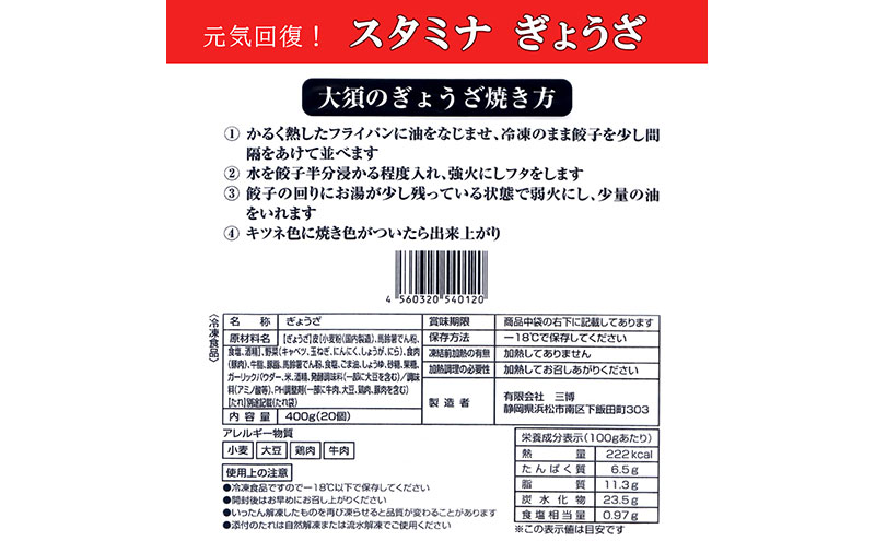 【定期便12回】浜松餃子 大須のぎょうざ［ 浜松ぎょうざ にんにくマシマシ！元気回復！＜ スタミナ味 ＞］× 5袋（1袋20個入、合計100個）