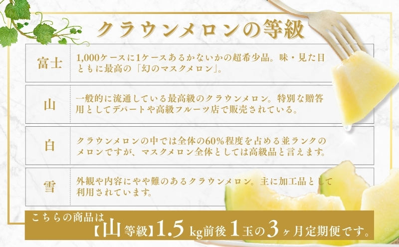 クラウンメロン 定期便 3ヶ月 メロン 1玉 上 山等級 特大玉 1.5kg前後 果物 くだもの フルーツ 旬の果物 旬のフルーツ 青肉 高級フルーツ 青肉メロン めろん マスクメロン 高級メロン フルーツ定期便 3回 お楽しみ 静岡 静岡県 森町