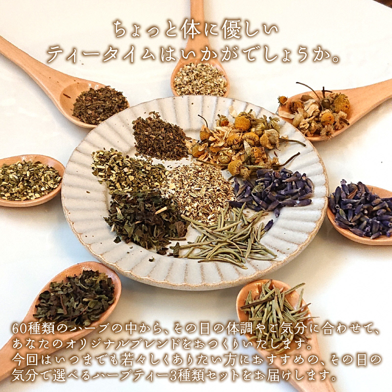 ハーブティー 3種類 5パックずつ いつまでも健康でいたい方に おすすめ オリジナル ブレンド ハーブ 健康 癒やし デトックス 茶葉 茶 お茶 家族 友達 京都 向日市 ハーブティカフェ心葉