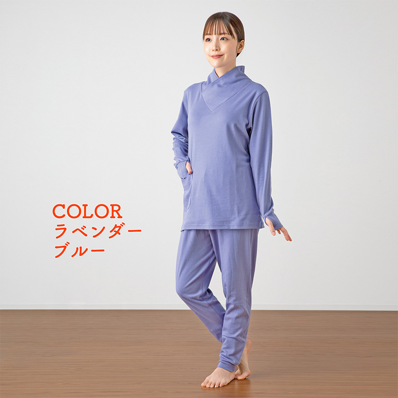 ヒートコットン　レディースパジャマ かぶりタイプ　Lサイズ（ラベンダーブルー、ブラック） ルームウエア パジャマ 被る 婦人用 婦人 選べる カラー 伸縮性 ニット素材 ラベンダーブルー