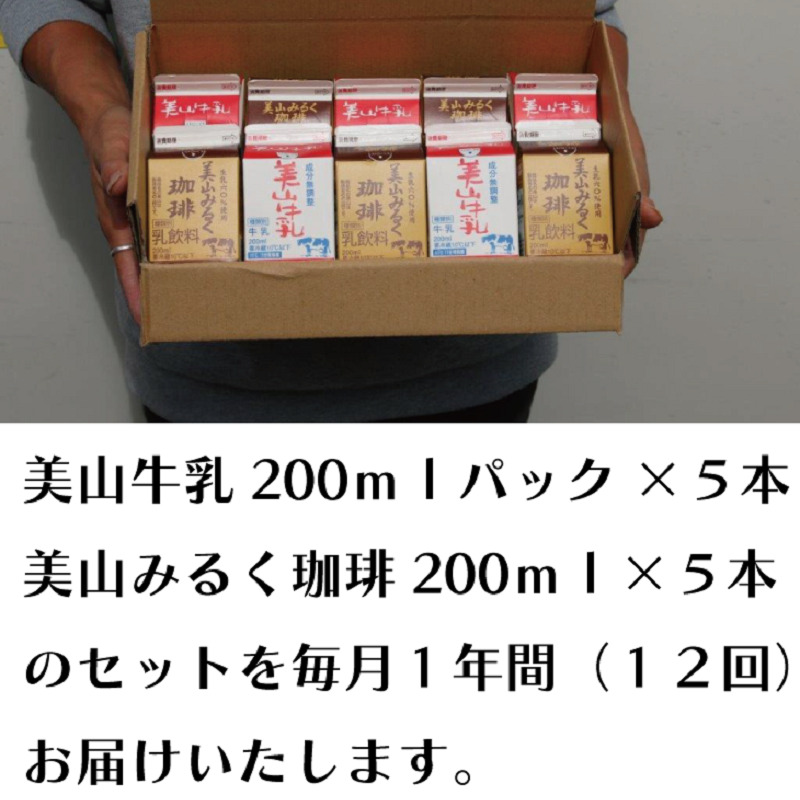 牛乳 定期便 12ヶ月 京都 美山牛乳 200ml ×5本 珈琲牛乳 ×5本 詰め合わせ セット 美山町 お取り寄せ コーヒー牛乳 パック 紙パック 200mL 定期 お楽しみ 12回 ※北海道・沖縄・離島への発送不可