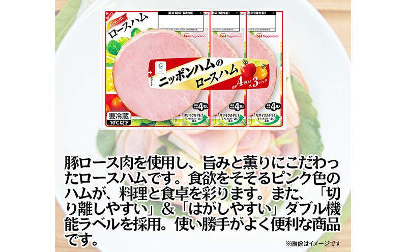 定期便 ニッポンハム の ロースハム 標準4枚入×3連×12個 計144枚(標準)【6か月お届け】 日本ハム 工場直送 ハム 朝食 昼食 夕食 サラダ 豚ロース肉 使い切り 彩りキッチン ふるさと納税
