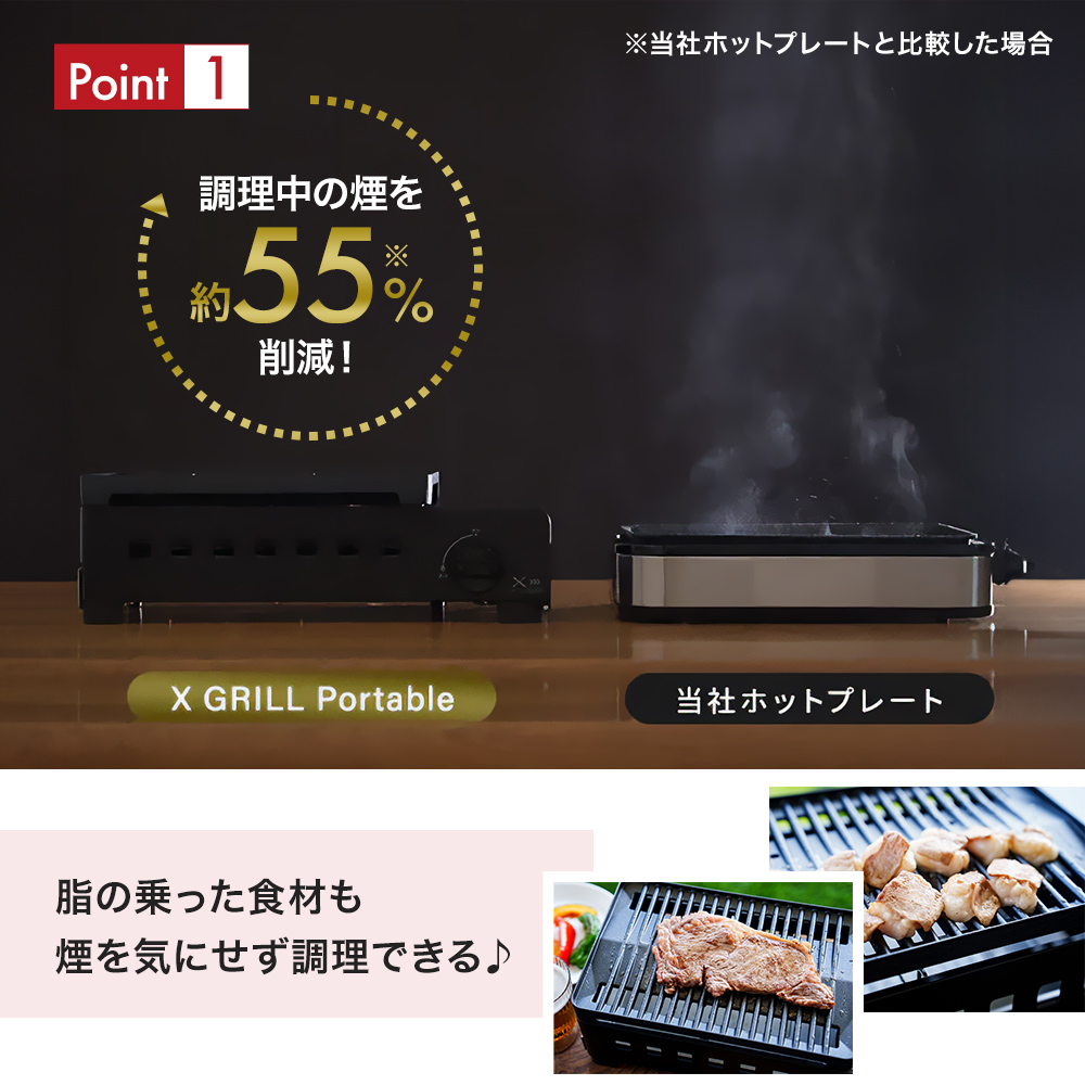 カセットグリル YAMAZEN 山善 カセットガスグリル YGM-GS1(B) ガス 電源不要 カセットコンロ 減煙 料理 調理 ベランダ バーベキュー BBQ プレート フッ素コート加工 加西市 兵庫県