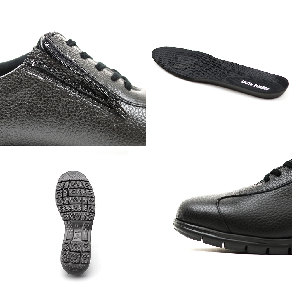 【ピエールリッチ】ファスナー付き 軽量 ソフト レザースニーカー ブラックPR-821（婦人靴） 24.5cm