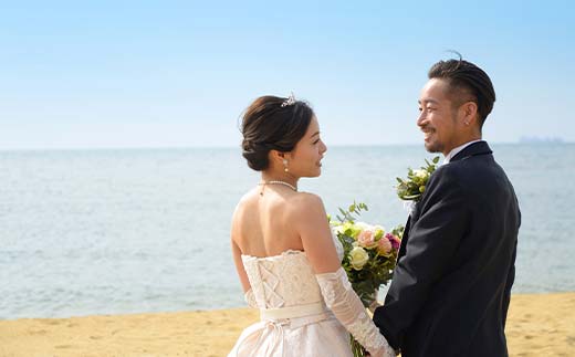 やけの海岸フォトウエディング 記念日 食事券 2名 夕日百選 ウェディング タキシード ドレス 写真 撮影 F6L-606