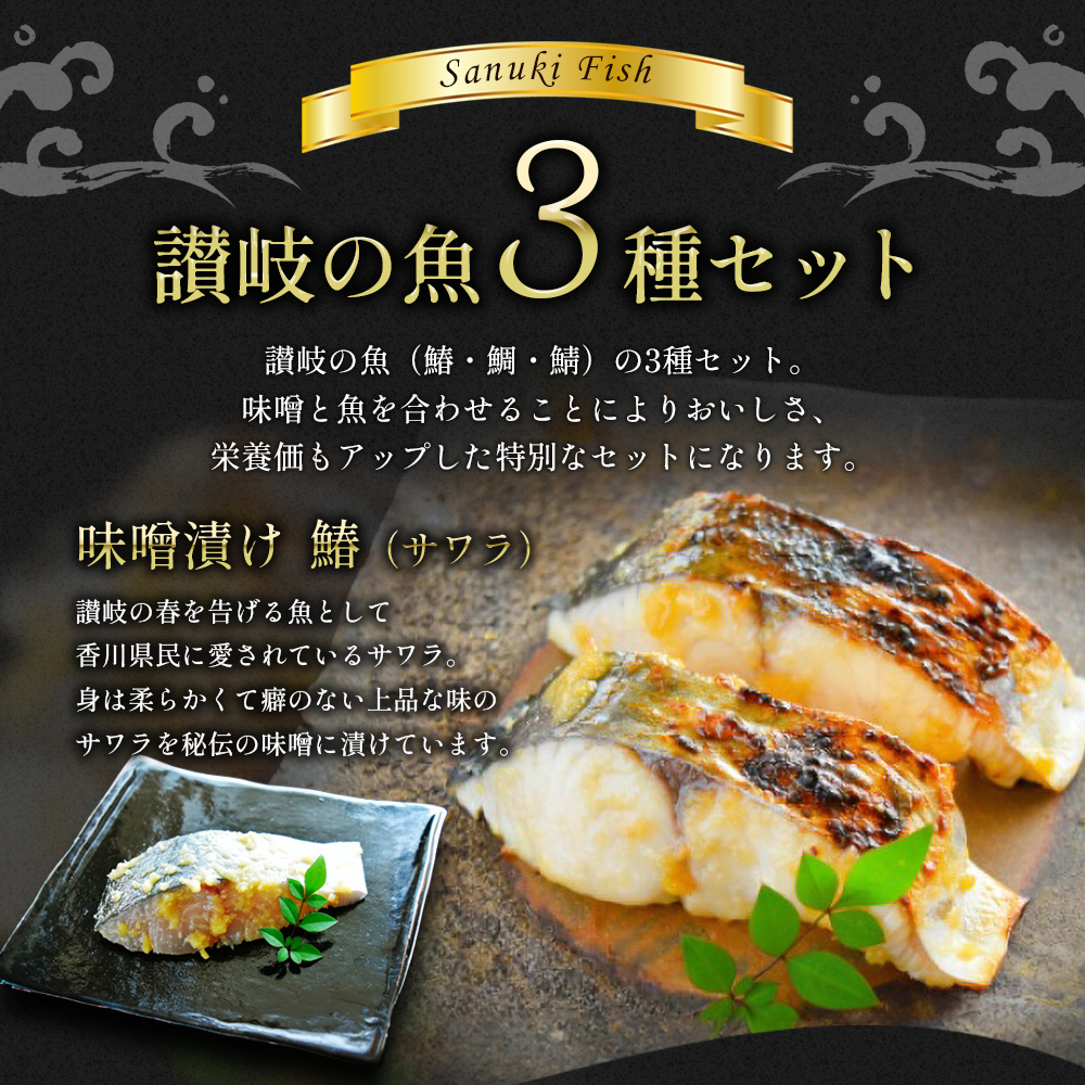 漬魚 味噌漬け 讃岐の魚 鰆 + 鯛 + 鯖 計300g(各100g) セット 化粧箱 漬け魚 食べ比べ 魚 漬け 惣菜 おかず 朝ごはん 朝食 お弁当 弁当 味噌漬 海産物 海の幸 魚介 魚介類 ギフト プレゼント 贈答 贈答品 贈り物 冷凍 冷凍配送 香川県 香川 丸亀