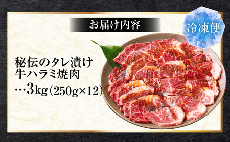 やわらか牛ハラミ焼肉　秘伝のタレ漬け3kg(250g×12P) | 牛肉 焼肉 タレ 漬け 秘伝 柔らかい 味付き やきにく ハラミ 希少 小分け 厚切り 冷凍 BBQ バーベキュー 香川県 三木町 国産 おすすめ |_mk146-029