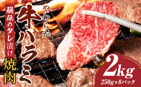やわらか牛ハラミ焼肉　秘伝のタレ漬け2kg(250g×8P) | 牛肉 焼肉 タレ 漬け 秘伝 柔らかい 味付き やきにく ハラミ 希少 小分け 厚切り 冷凍 BBQ バーベキュー 香川県 三木町 国産 おすすめ |_mk146-028