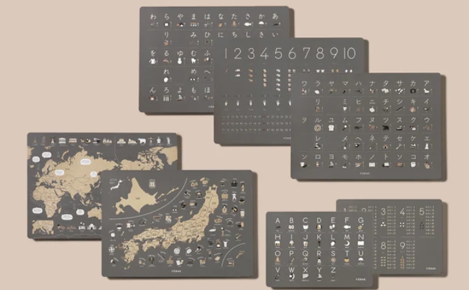 知育ポスター7枚セット(チャコールグレー)(数字・あいうえお(ひらがな表)・カタカナ・日本地図・世界地図・ABC(アルファベット表)・掛け算)【幼稚園 小学生 オシャレ 学習用 防水加工 知育 情操教育 おしゃれ 子供 シンプル ギフト お祝い 入園 入学】 [№5310-0208]