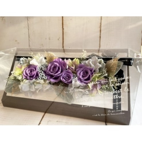 プリザーブドフラワー アレンジ ホワイトウッドフレーム Ｍサイズ ケース付 パープル インテリア 花