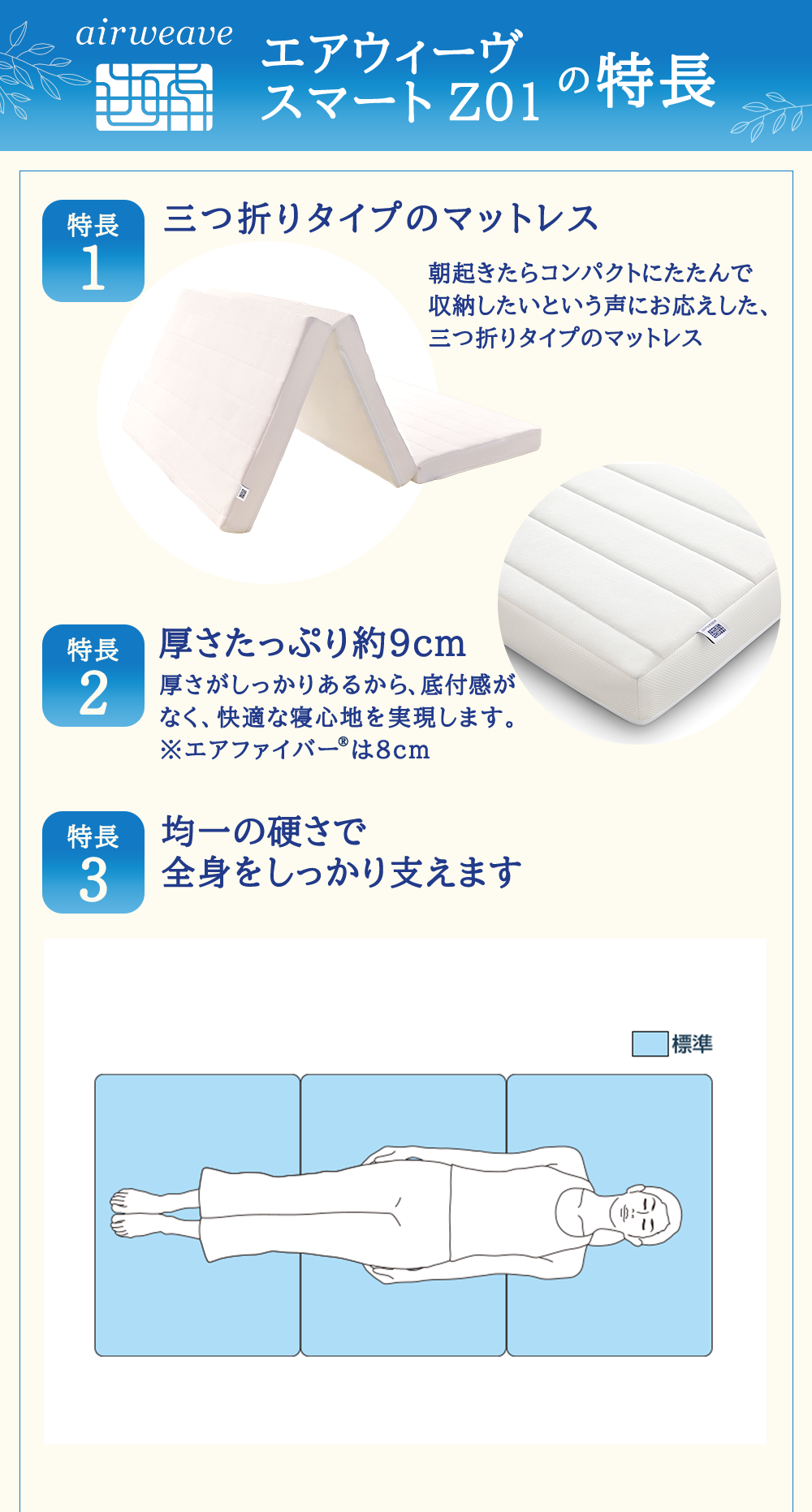 エアウィーヴ スマート Z01 シングル 寝具 ベッドマットレス ベット マットレス オールシーズン対応 ぐっすり  安眠 快眠 健康 高反発 腰 肩 熟睡 寝心地 新生活 洗濯可 体圧分散 大人気 日本製 妊婦 赤ちゃん ペット コンパクト 三つ折り 折りたたみ