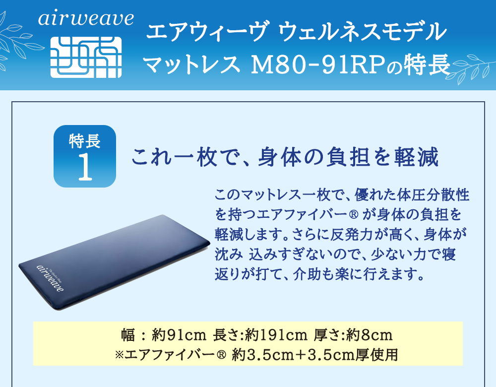 エアウィーヴ ウェルネスモデル マットレス M80-91RP ベッドマットレス ベッド  マットレス セミダブル ダブル クイーン オールシーズン対応 ぐっすり ホテル 安眠 快眠 健康 高反発 腰 肩 熟睡 寝具 寝心地 新生活 洗える 洗濯可 送料無料 体圧分散