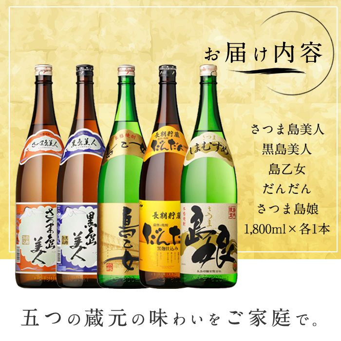 本格焼酎銘柄飲み比べ 5本セット(1.8L×各1本) 芋焼酎 焼酎セット 飲み比べ 焼酎 本格焼酎 焼酎 芋 父の日 一升瓶 島美人 さつま島美人 _nagashima-7243